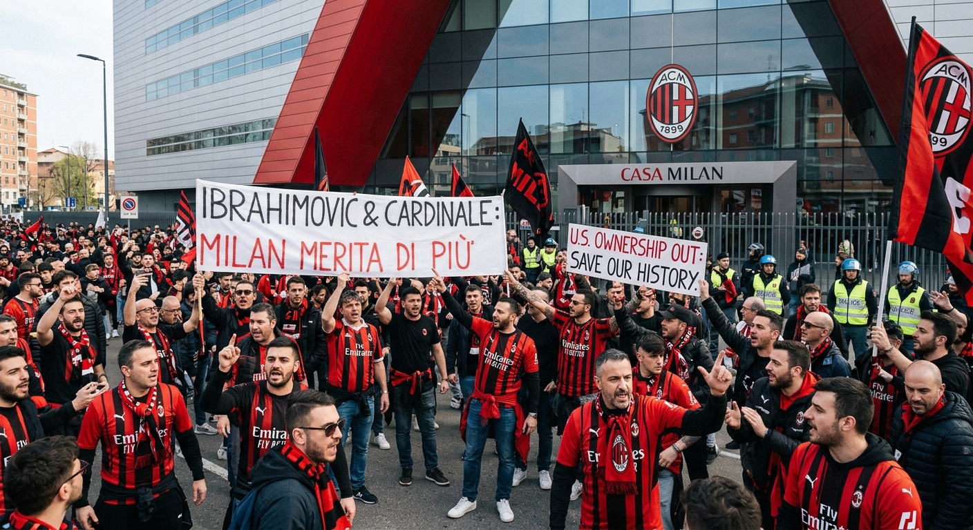 Tifosi del Milan contro Ibrahimovic e Cardinale: striscioni e proteste a Casa Milan e in Via Aldo Rossi